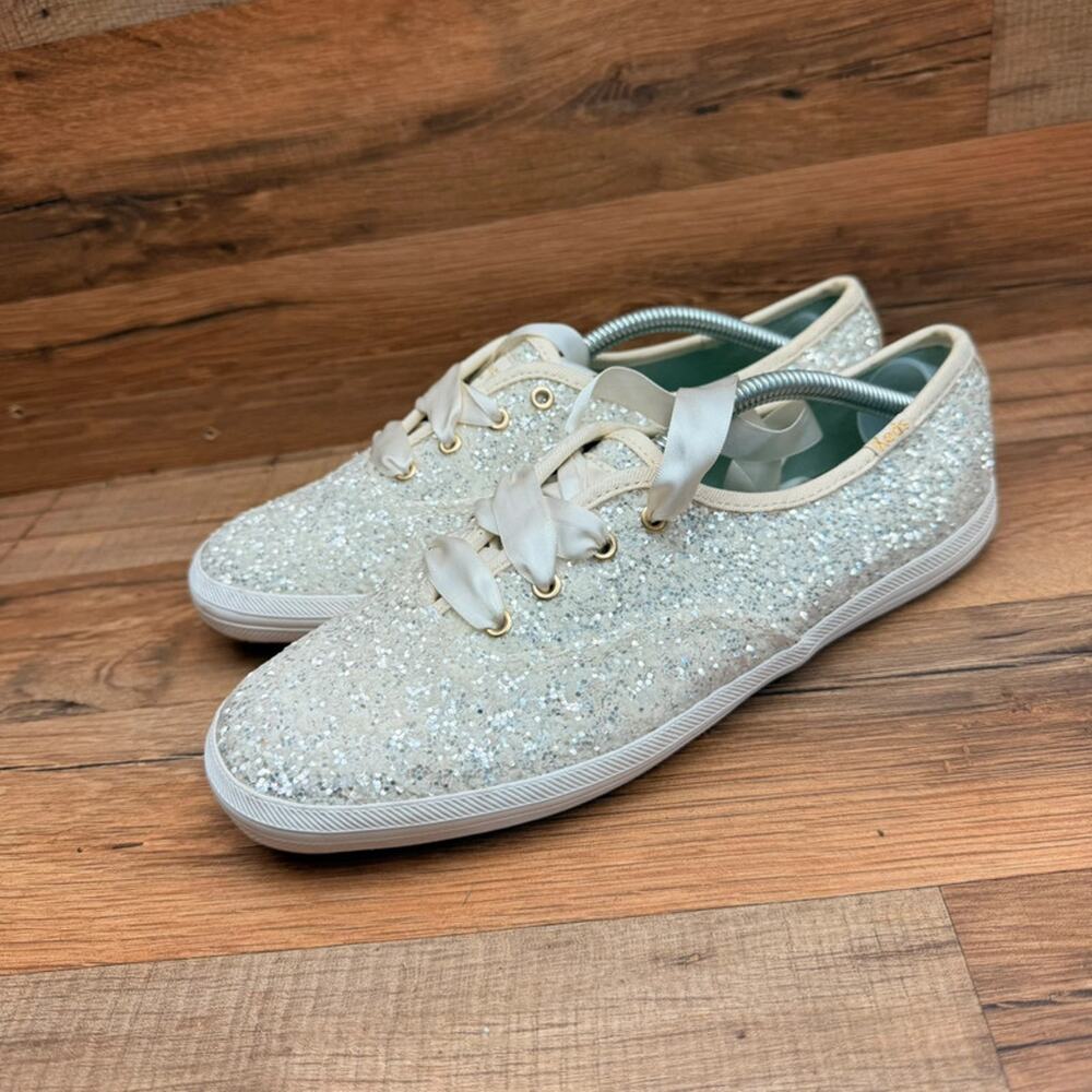 Keds Kate Spade Champion Womens Size 7.5 Ivory Glitter Sneakers Satin Ribbon